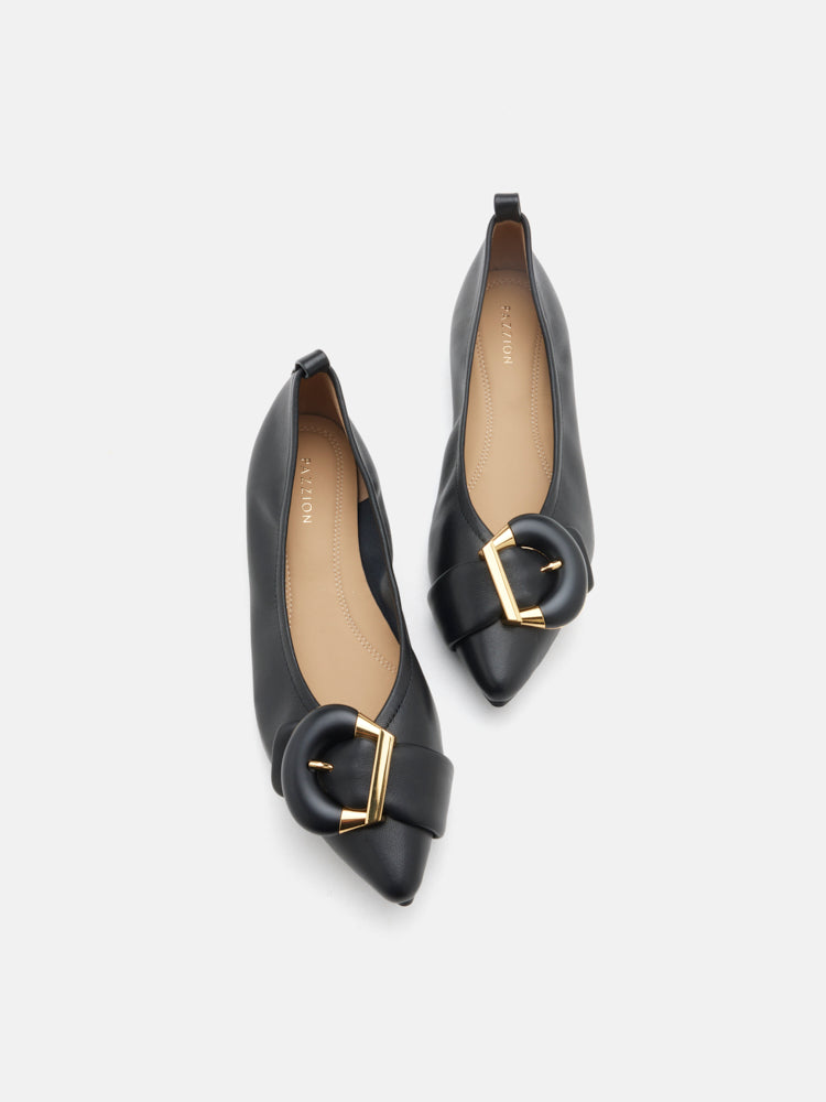PAZZION, Megan Buckle Pointed Toe Flats, Black