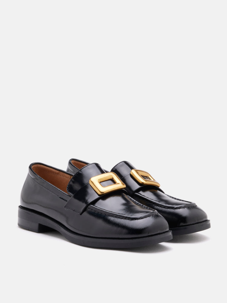 PAZZION, Nadine Gold Buckle Square Toe Loafers, Black