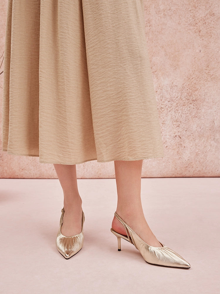 PAZZION, Natalia Ruched Crystal Slingback Heels, Gold