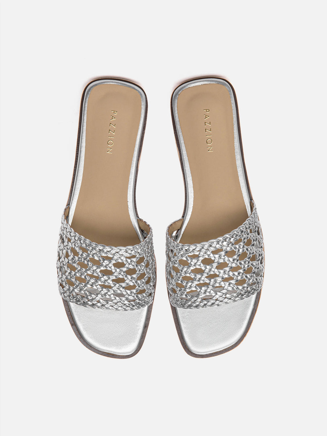 PAZZION, Neralyn Metallic Woven Slides, Silver