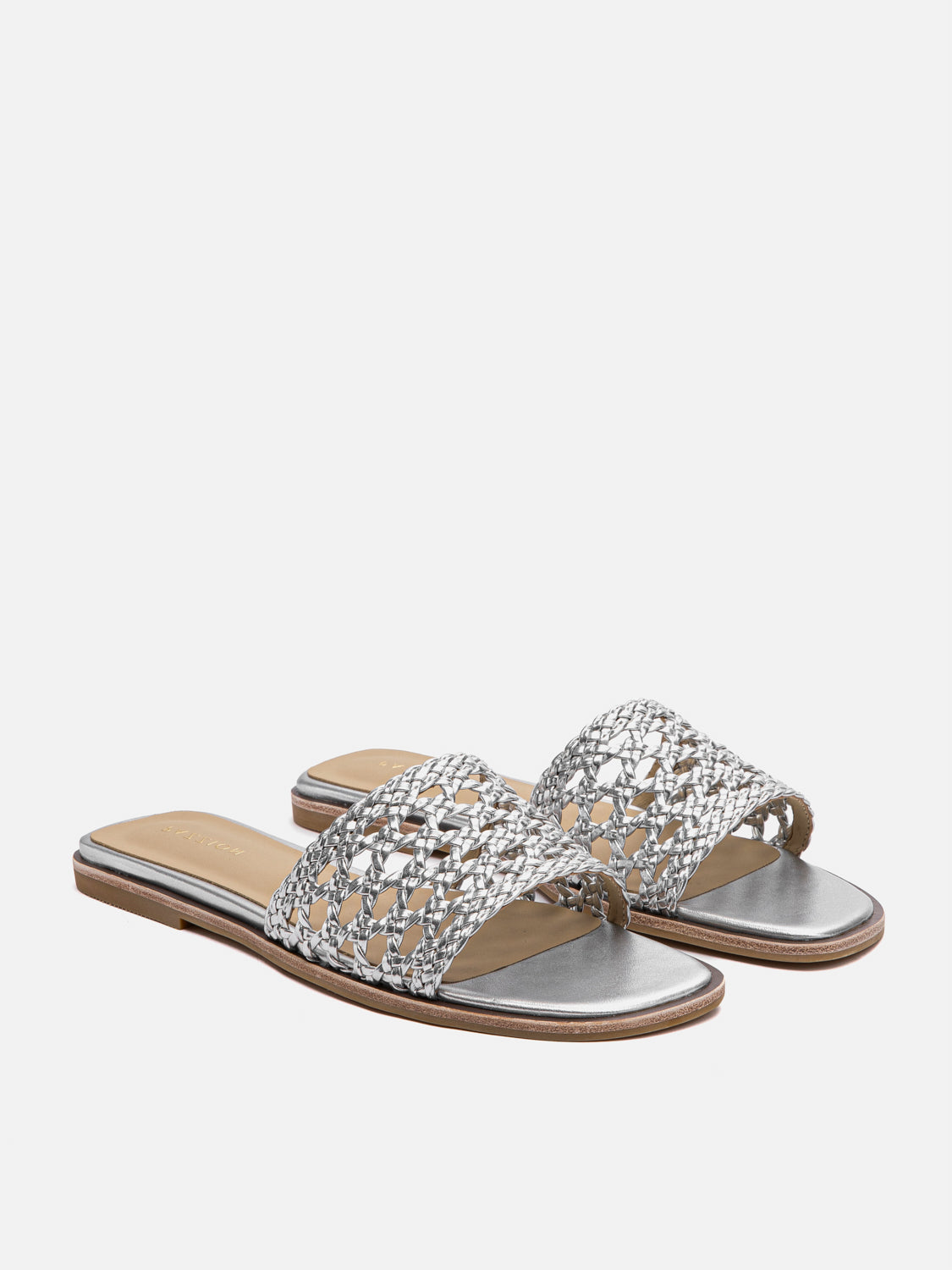 PAZZION, Neralyn Metallic Woven Slides, Silver
