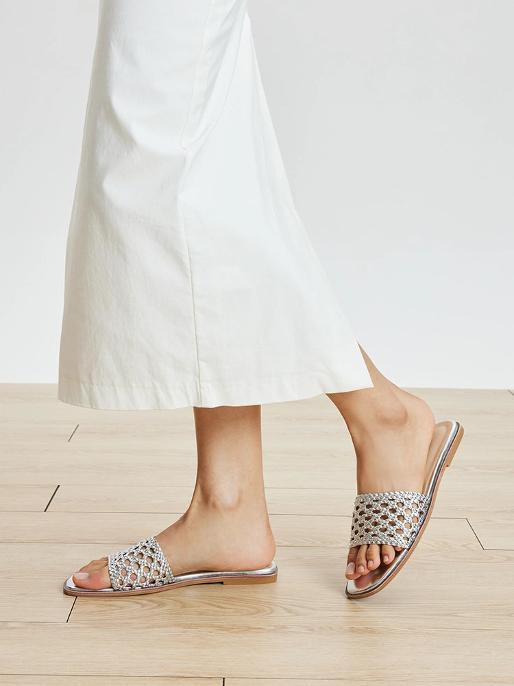 PAZZION, Neralyn Metallic Woven Slides, Silver