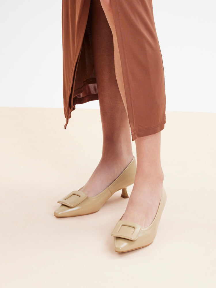 PAZZION, Orelia Square Buckle Pointed Toe Pumps, Almond