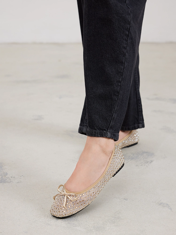 PAZZION, Orlise Crystal Embellished Bow Flats, Gold