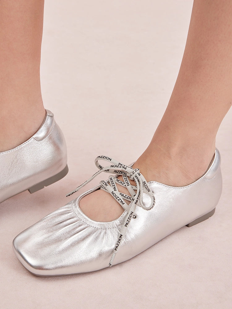 PAZZION, Pernille Metallic Lace-Up Flats, Silver