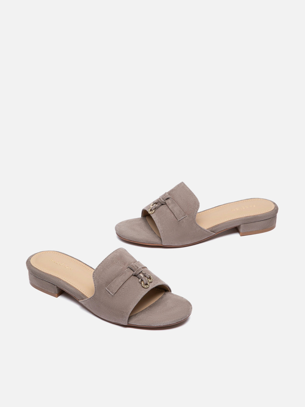 PAZZION, Phoenix Knot Detail Suede Slides, Khaki