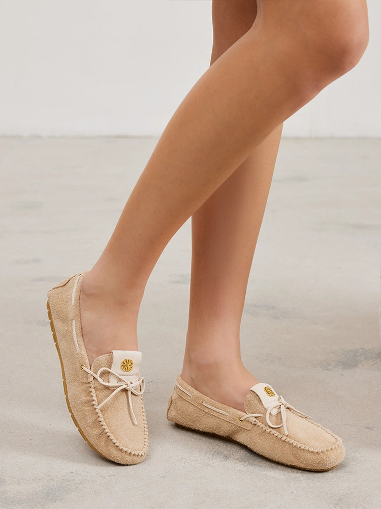 PAZZION, Querissa Bow-Tied Suede Loafers, Almond