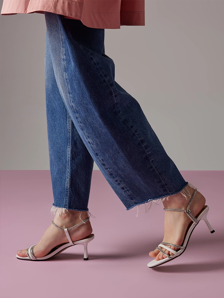 PAZZION, Quinella Crystal Embellished Sandal Heels, Beige