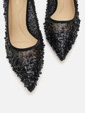 PAZZION, Raena Sequined Mesh Heels, Black