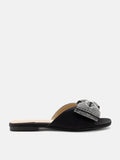 PAZZION, Raina Crystal Embellished Bow Slide Sandals, Black