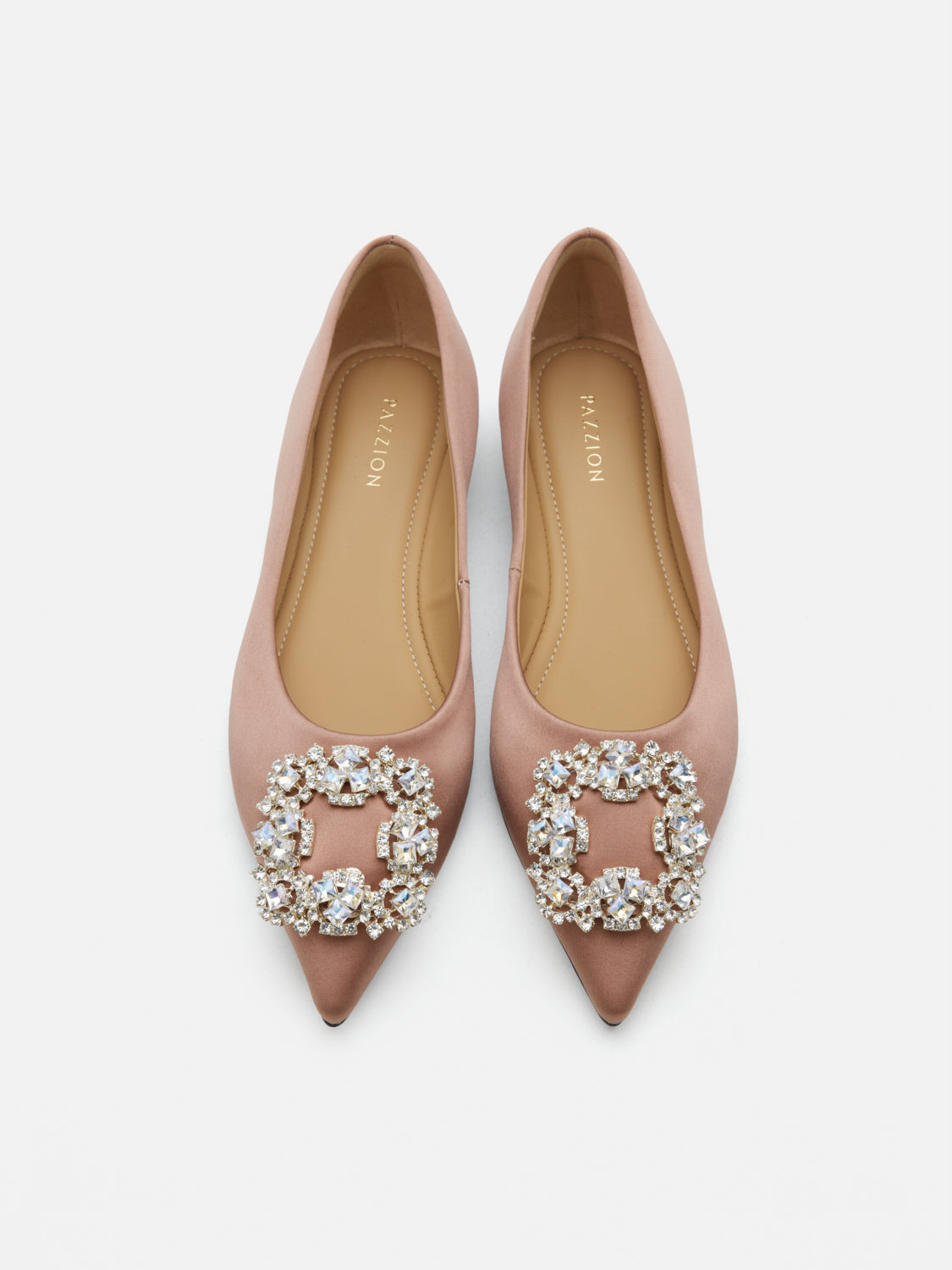 PAZZION, Ramona Diamante Pointed Toe Silk Flats - Champagne, Champagne