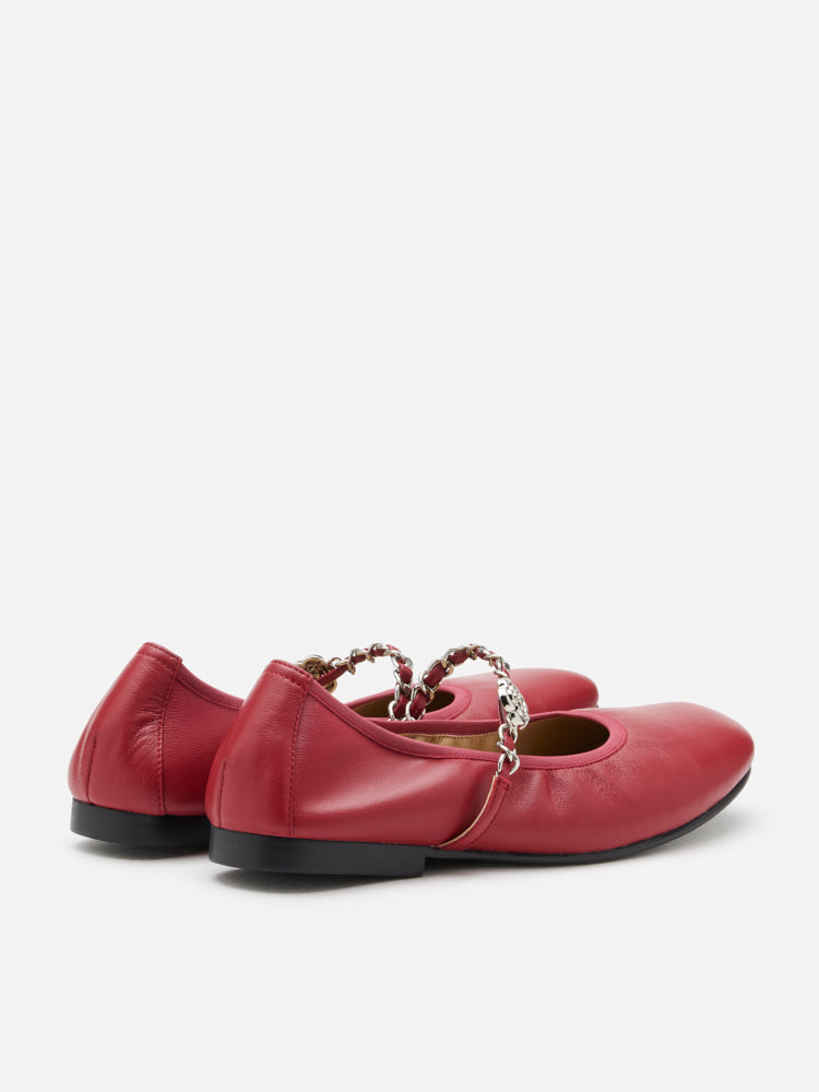 PAZZION, Reiley Floral Accented Chain-Strap Mary Janes, Red
