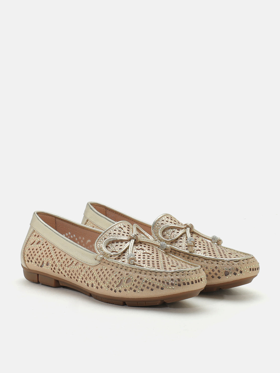 PAZZION, Rita Perforated Crystal Embellished Bow Moccasins - Gold, Gold