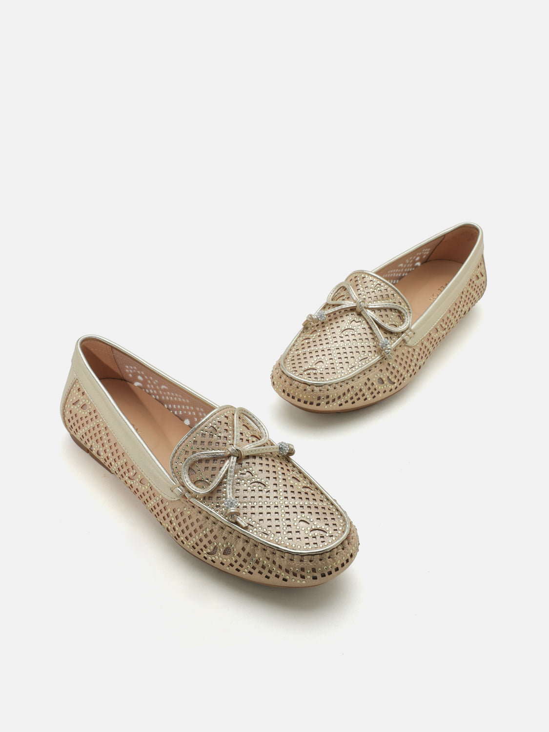PAZZION, Rita Perforated Crystal Embellished Bow Moccasins - Gold, Gold