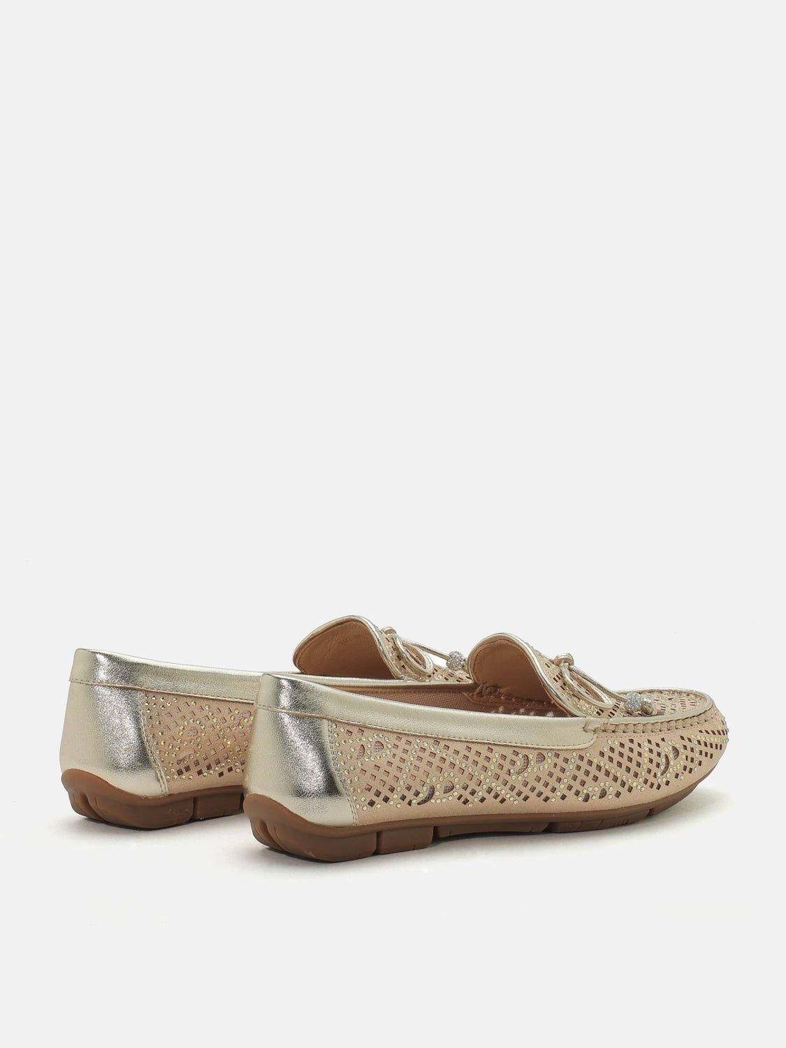 PAZZION, Rita Perforated Crystal Embellished Bow Moccasins - Gold, Gold