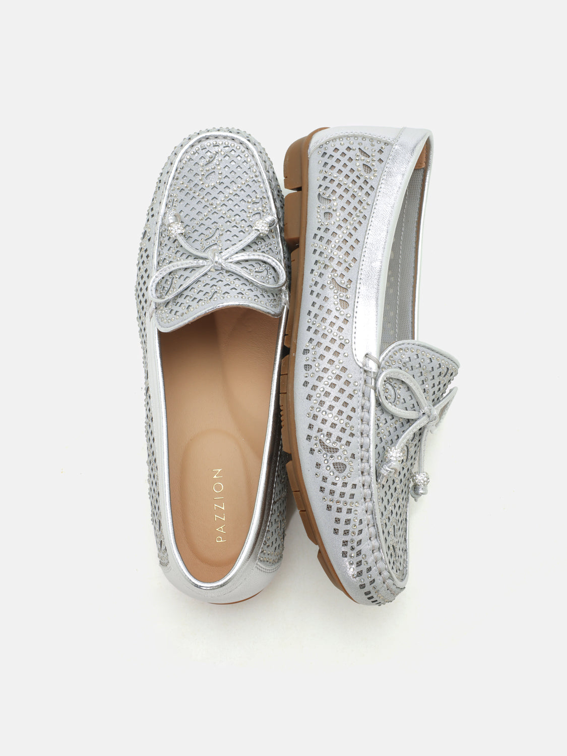 PAZZION, Rita Perforated Crystal Embellished Bow Moccasins - Silver, Silver