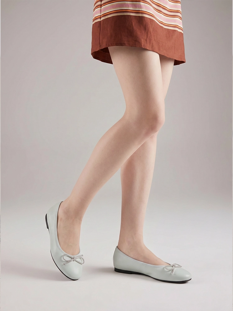 PAZZION, Rivelia Crystal Bow Leather Flats, Lightblue