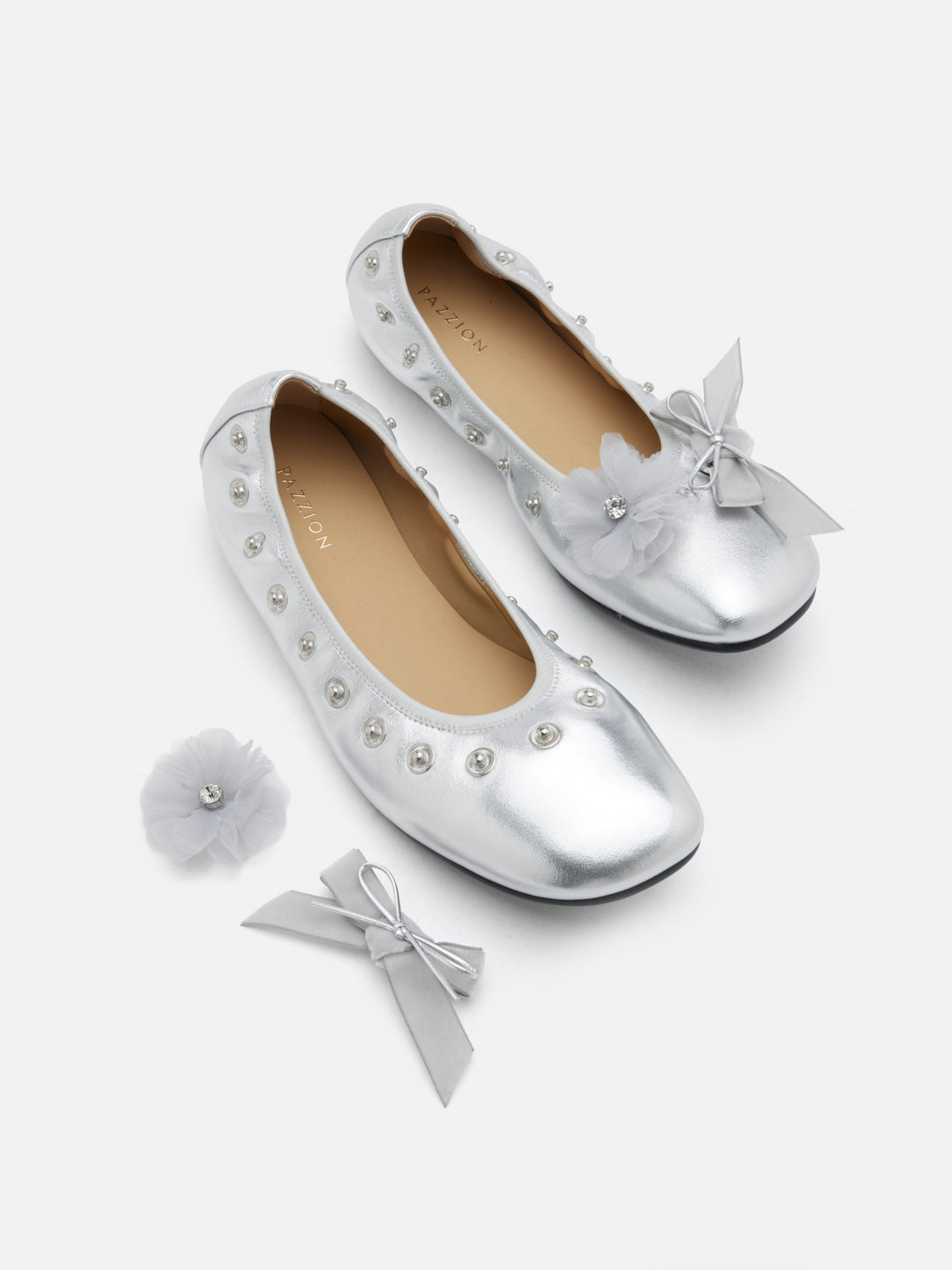 PAZZION, Rolene Clip-Stud Charmed Flats, Silver