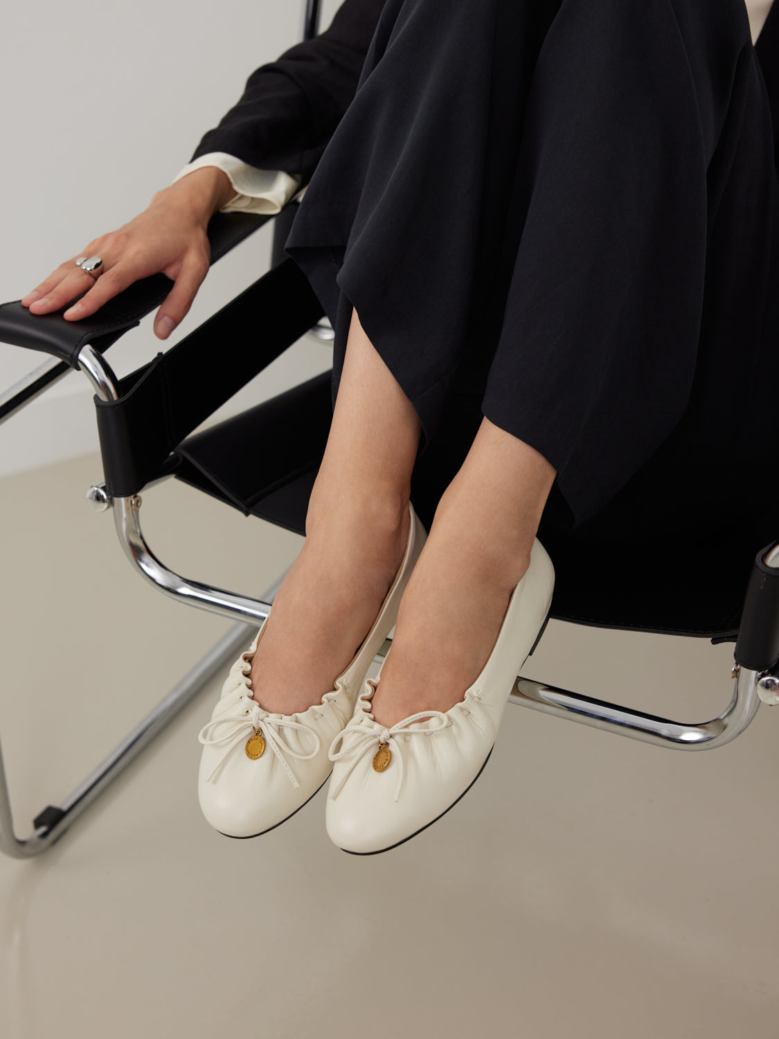 PAZZION, Sabrina Bow Ruched Leather Flats - Beige, Beige