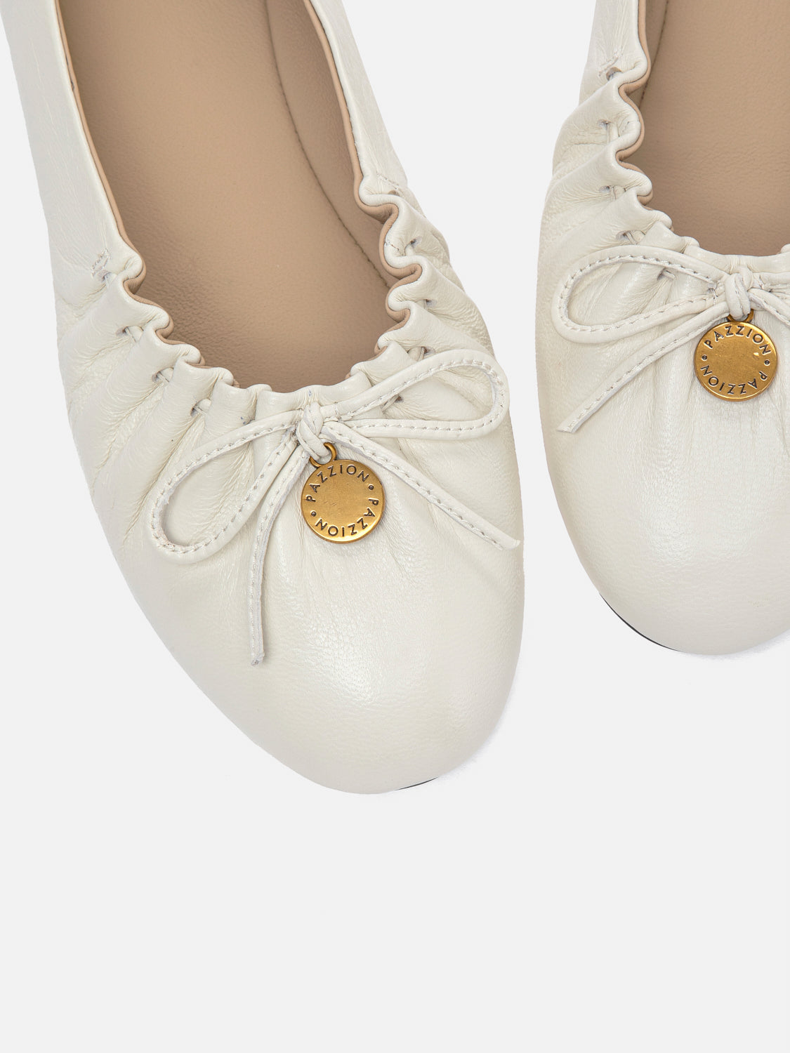 PAZZION, Sabrina Bow Ruched Leather Flats - Beige, Beige