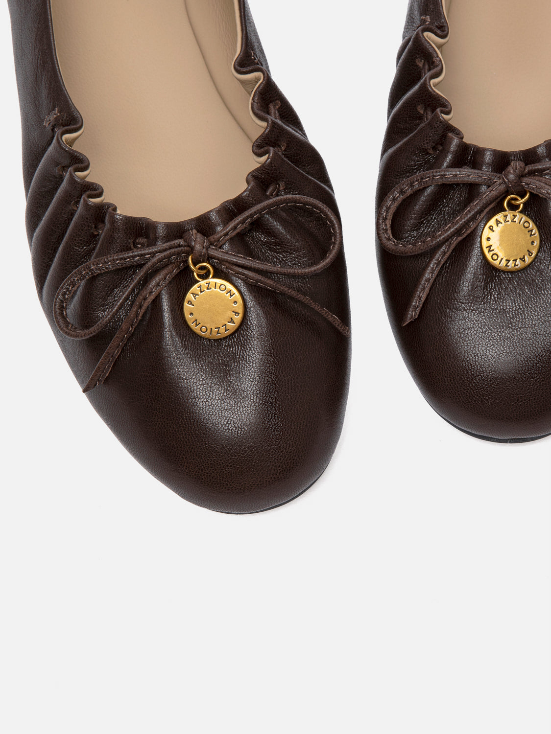 PAZZION, Sabrina Bow Ruched Leather Flats - Dark Brown, Brown