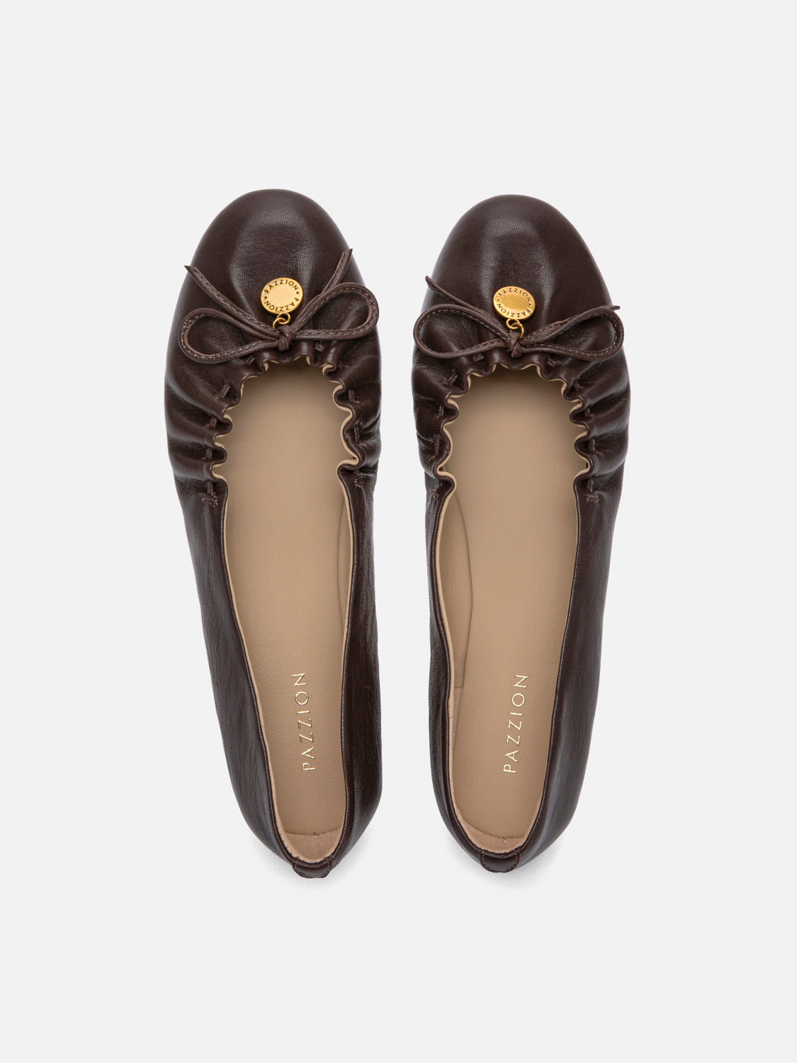 PAZZION, Sabrina Bow Ruched Leather Flats - Dark Brown, Brown