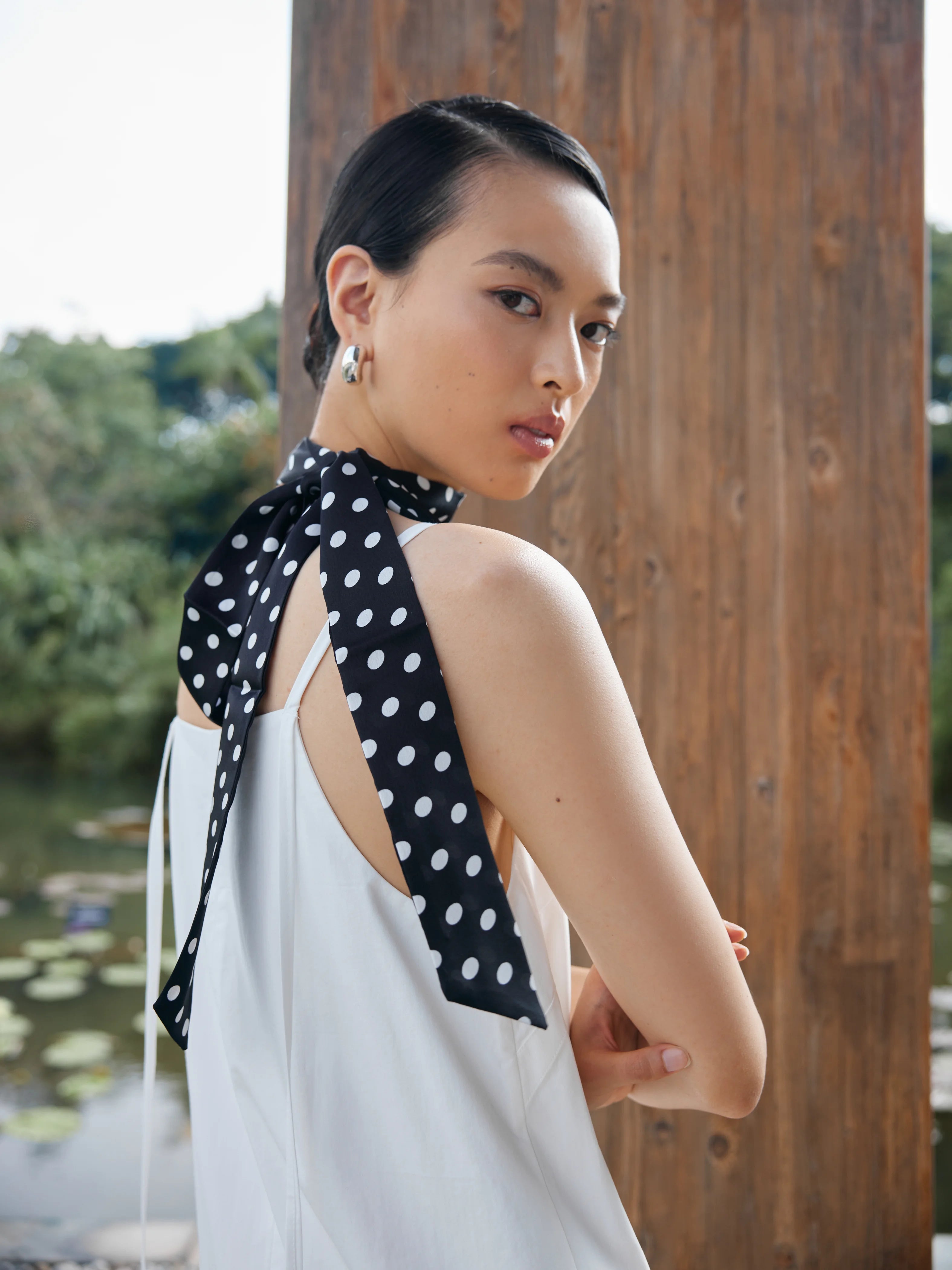 PAZZION, Savannah Polka Dot Ribbon Scarf, Black