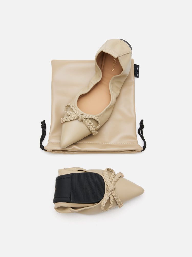 PAZZION, Serena Braided Bow Foldable Flats, Khaki