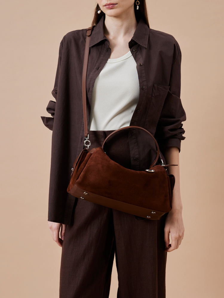 PAZZION, Sevila Suede Leather Satchel, Brown