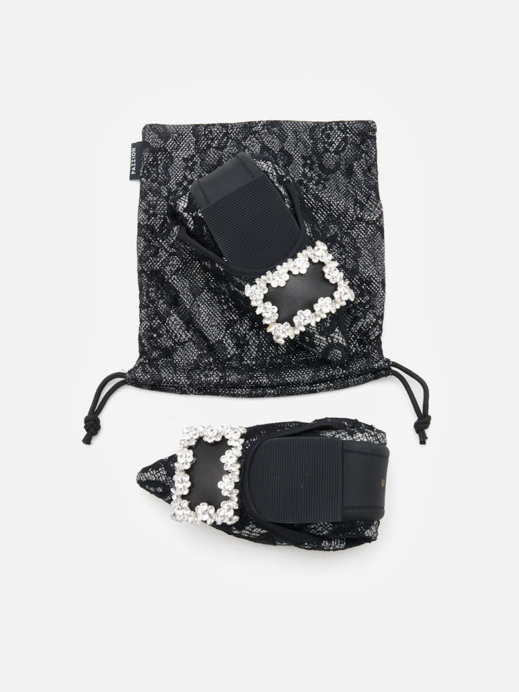 PAZZION, Stella Lace Diamante Buckle Foldable Flats, Pewter