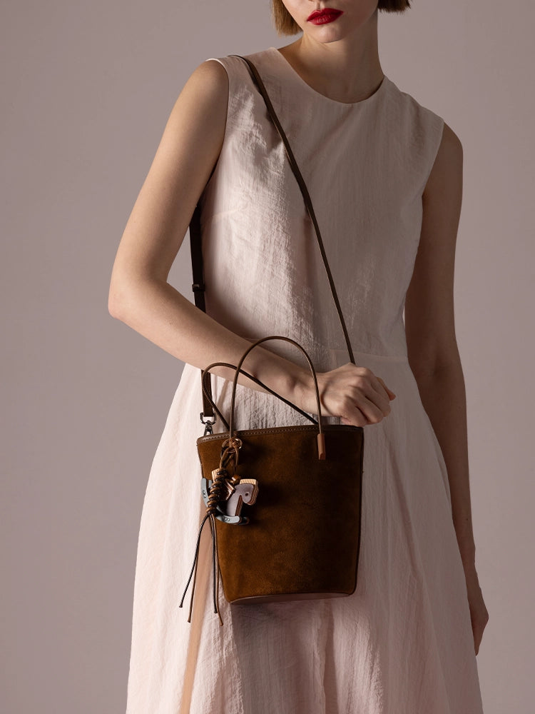 PAZZION, Stormy H Garden Suede Bucket Bag, Brown