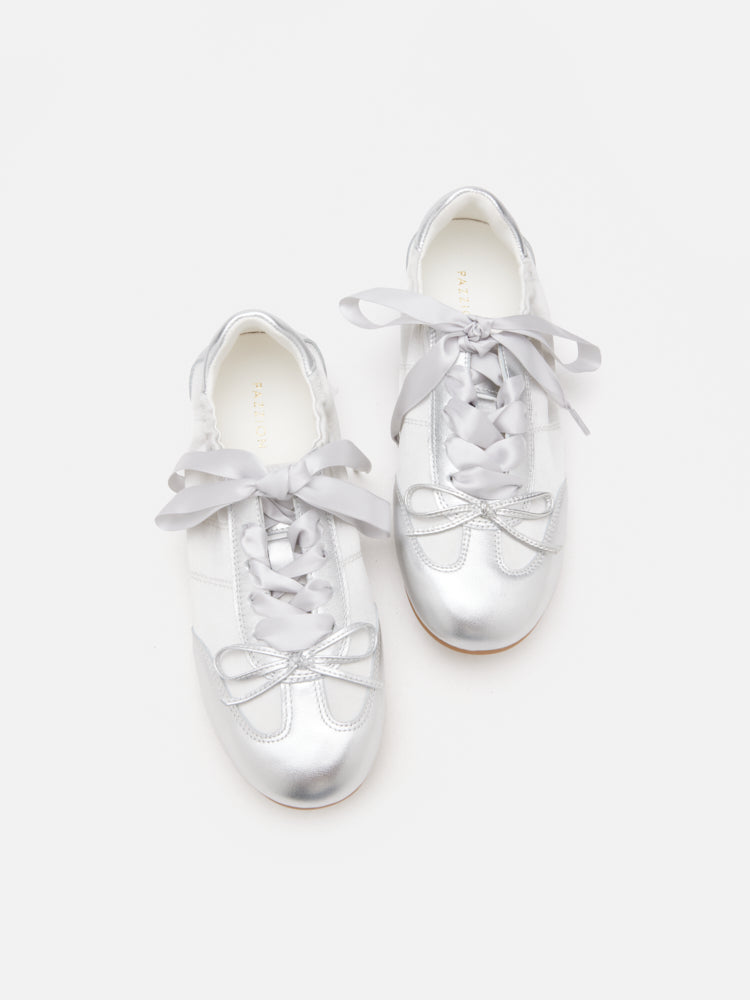PAZZION, Sylvie Ballerina Satin Bow Sneakers, Silver