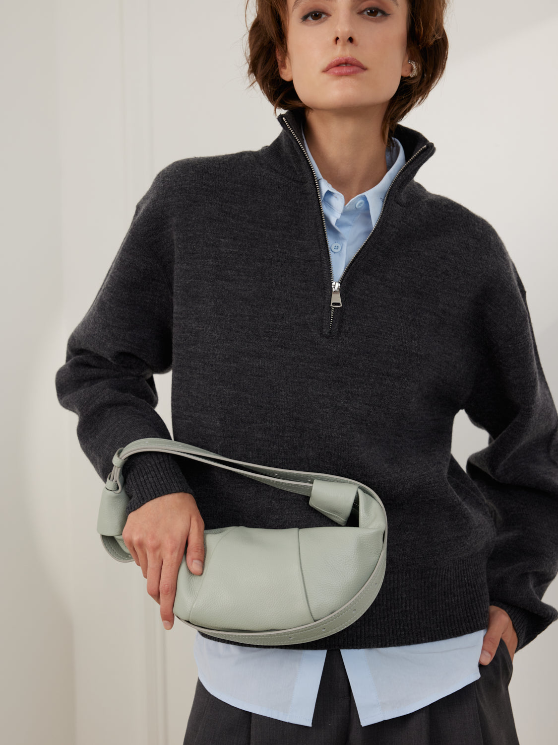 PAZZION, Tara Leather Croissant Bag, Lightblue