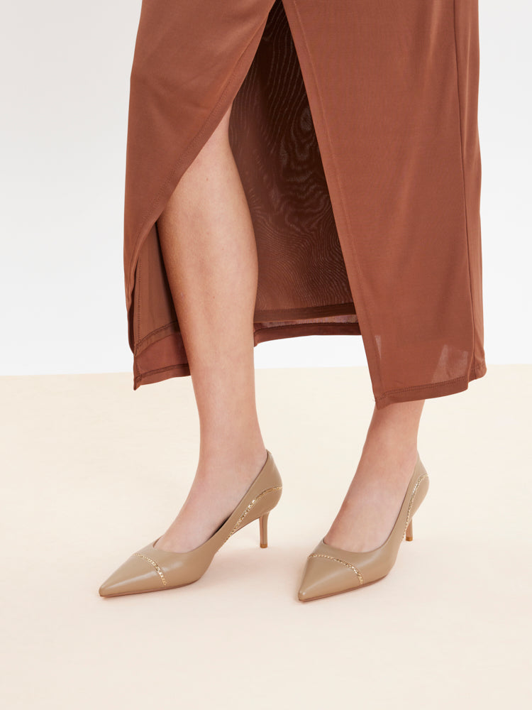 PAZZION, Viv Chain-Trimmed Pointed Leather Flats, Almond