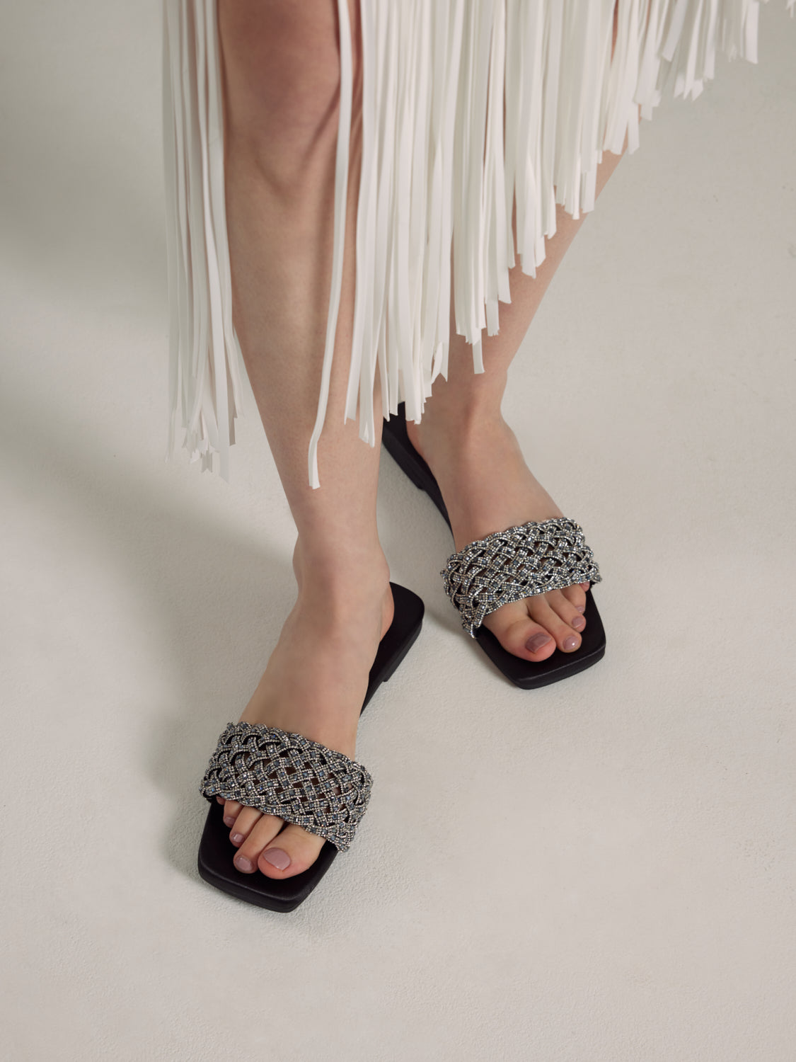 PAZZION, Wilda Crystal Embellished Slides, Black