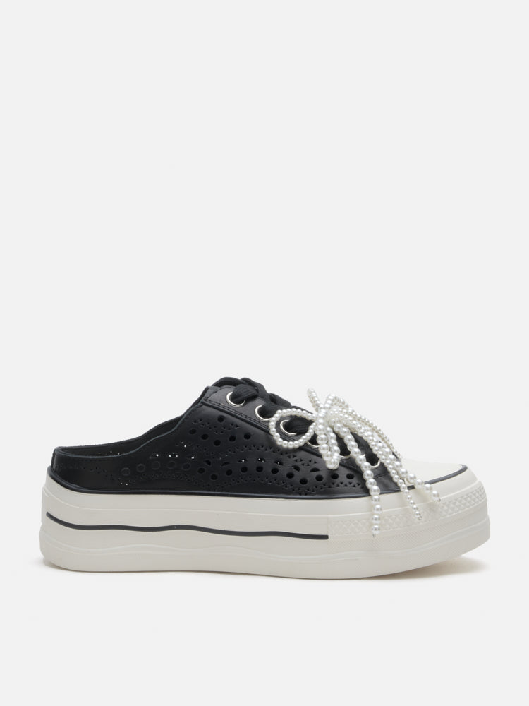 PAZZION, Wilhelmina Slip-on Pearl Bow Sneakers, Black
