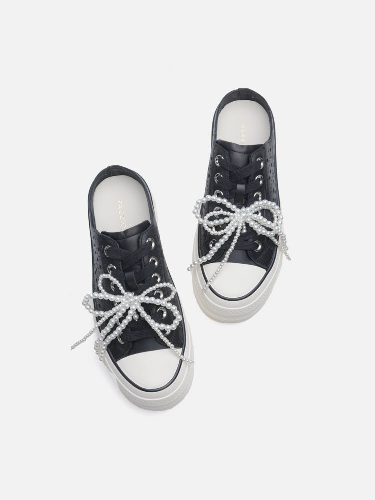 PAZZION, Wilhelmina Slip-on Pearl Bow Sneakers, Black