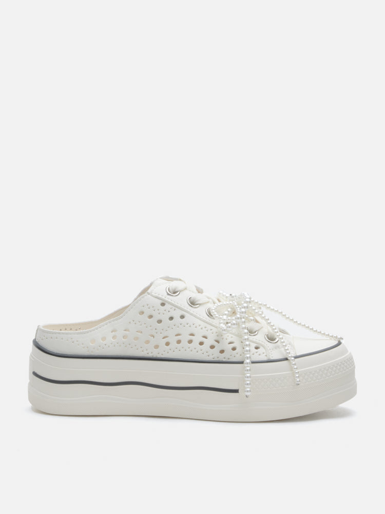 PAZZION, Wilhelmina Slip-on Pearl Bow Sneakers, White