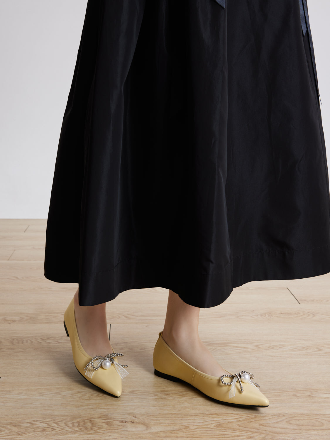 PAZZION, Winnie Beaded Pearl Bow Flats, Yellow