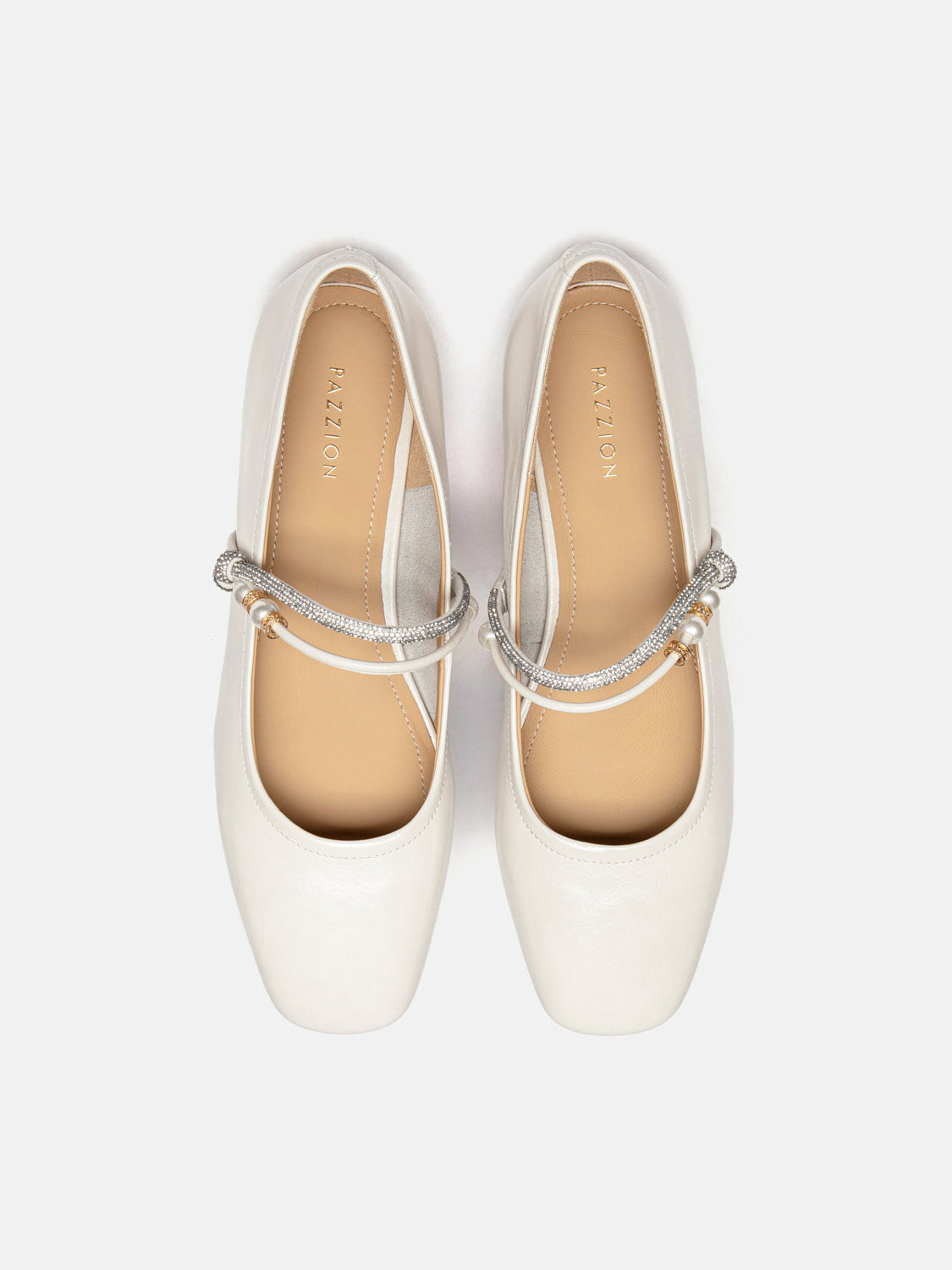 PAZZION, Wynessa Crystal & Pearl Strap Leather Mary Jane Heels, Beige