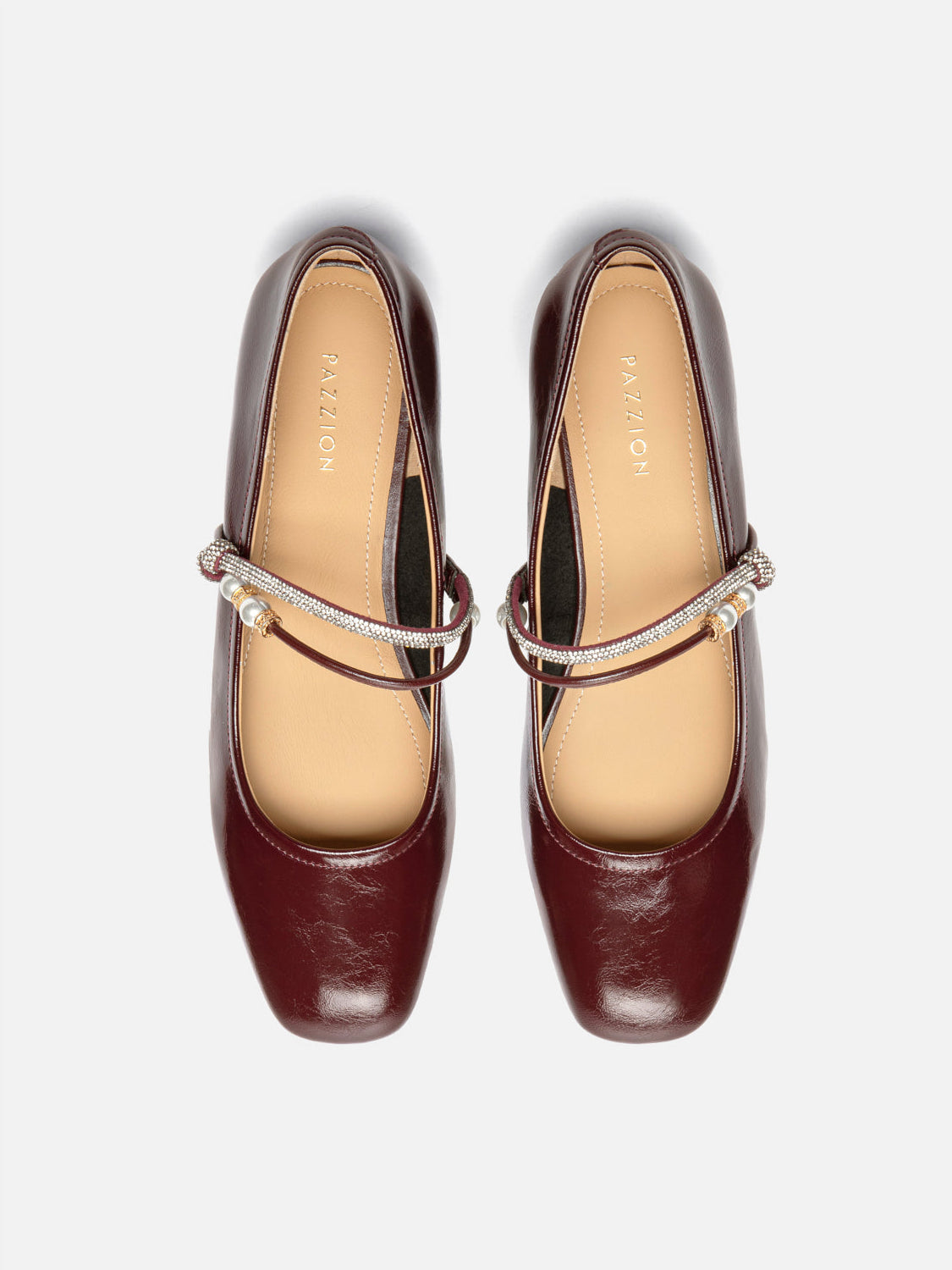 PAZZION, Wynessa Crystal & Pearl Strap Leather Mary Jane Heels, Wine