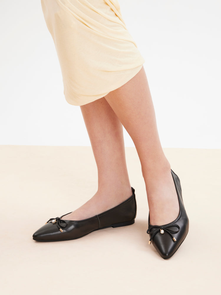 PAZZION, Yara Pearl Bow Pointed Toe Foldable Flats, Black