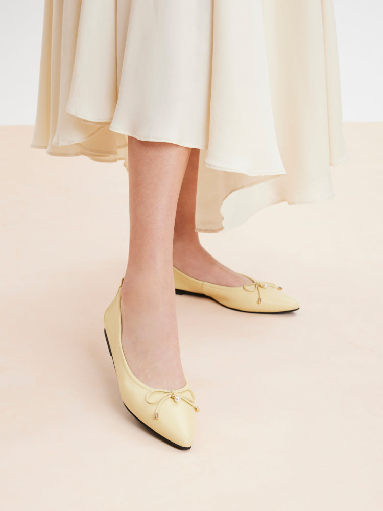 PAZZION, Yara Pearl Bow Pointed Toe Foldable Flats, Lightyellow