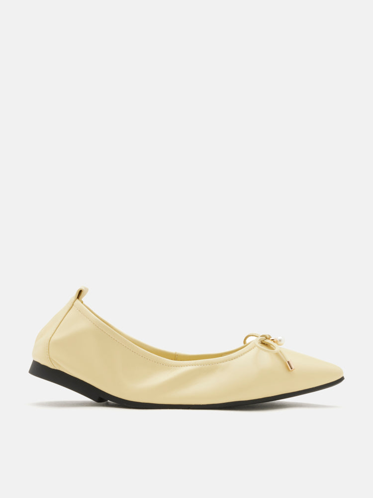 PAZZION, Yara Pearl Bow Pointed Toe Foldable Flats, Lightyellow