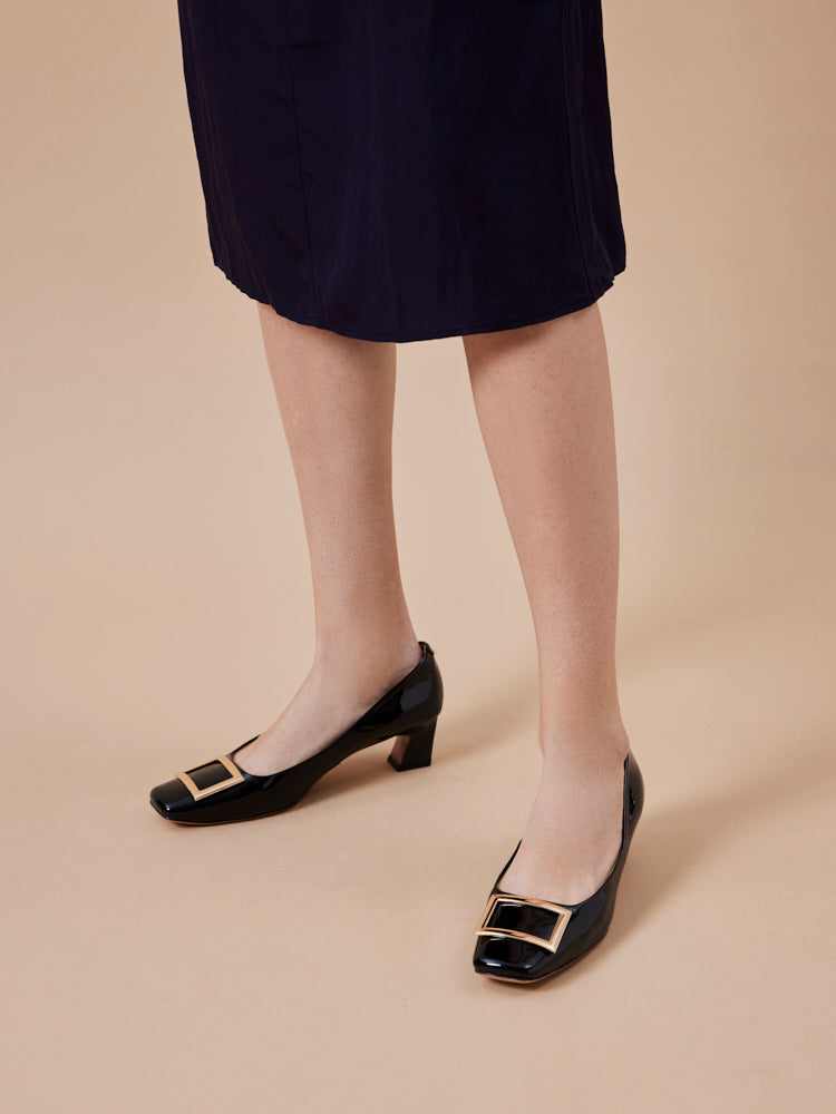 PAZZION, Yvette Buckle Square-Toe Pump Heels, Black