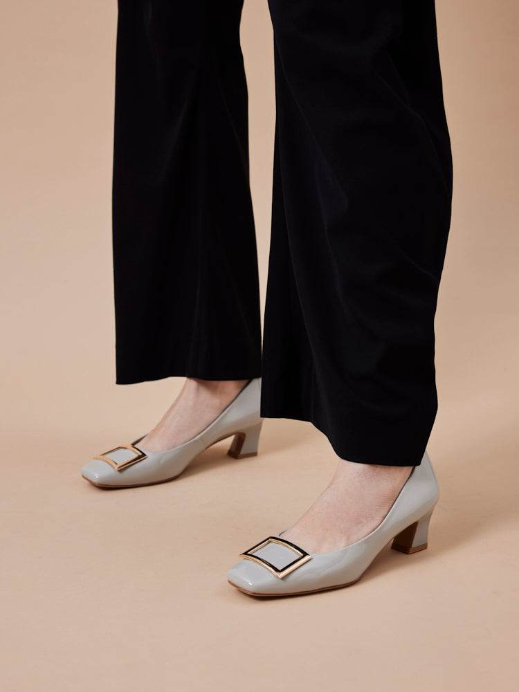 PAZZION, Yvette Buckle Square-Toe Pump Heels, Grey