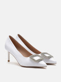 PAZZION, Adelaide Crystal Embellished Buckle High Heels, White