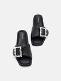 PAZZION, Adira Crystal Embellished Buckle Slide Sandals, Black