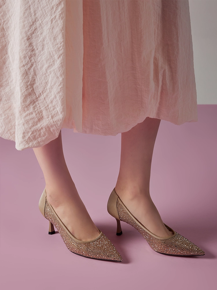 PAZZION, Agatha Crystal Embellished Pointed Toe Heels, Almond