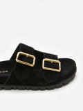 PAZZION, Alaia Buckled Suede Slides, Black